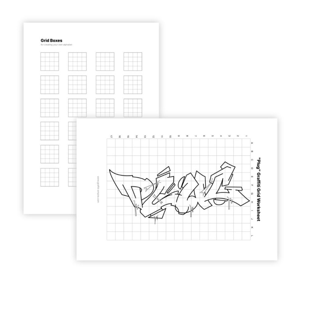 Illustrative Grafik von Raster-Zeichenvorlage ohne und mit Graffiti