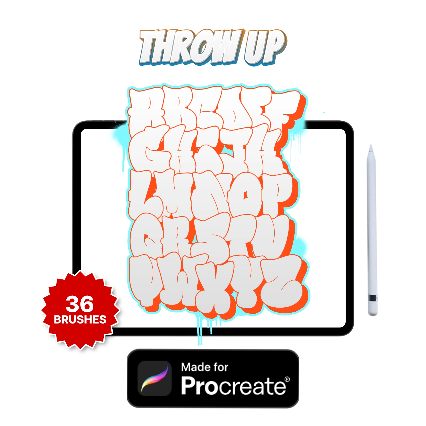 The image displays a Procreate Graffiti Alphabet stamp brush set in throwie graffiti style for digital illustration.