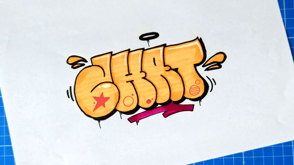 Chat Throw-up Graffiti Drawing with orange fillin, a black dropshado, a halo and an arrow as baseline