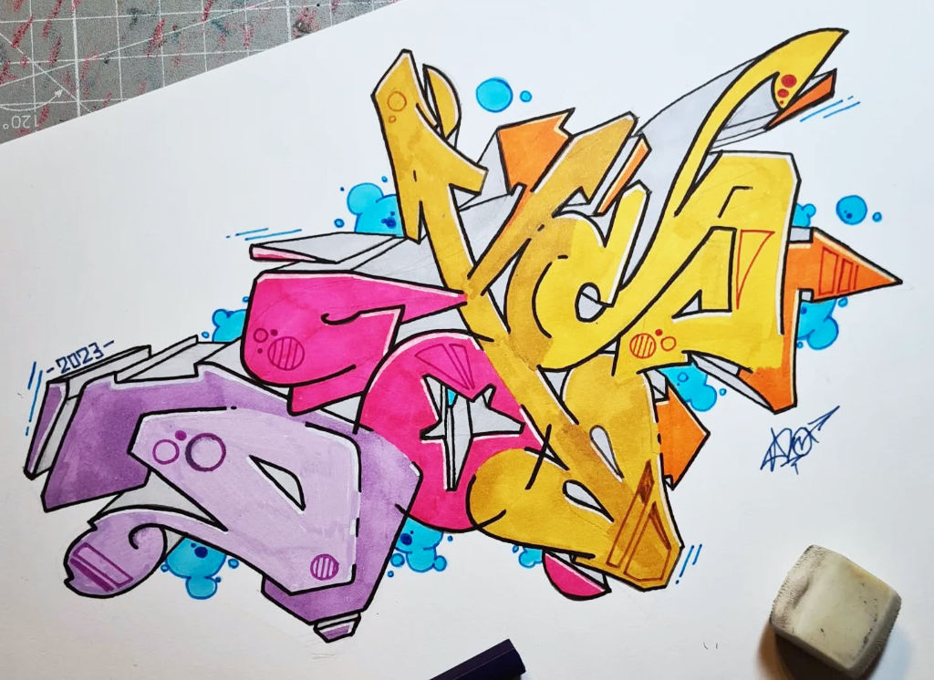 Semi-Wildstyle "Dots" Graffiti Sketch with light gray 3D blocks blue bubbles as background and each letter colored in differently
