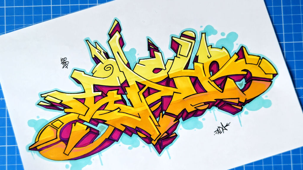 Photo of a wildstyle easy graffiti drawing with a orange gradient as fill-in, dark pink 3D blocks and bubbles and drips in blue as background