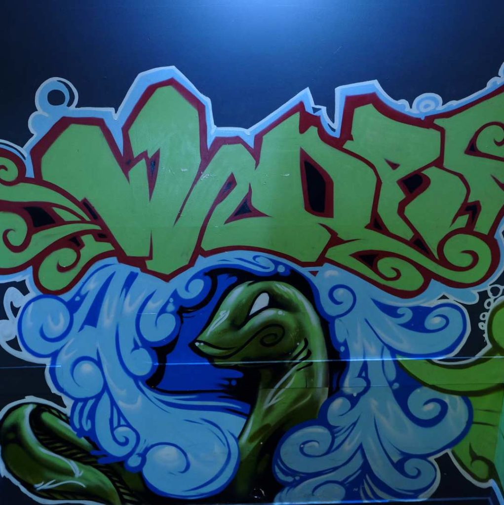 Snake graffiti character with green graffiti piece