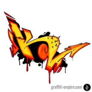 Gelber und rot kolorierter Wildstyle K Graffiti-Buchstabe