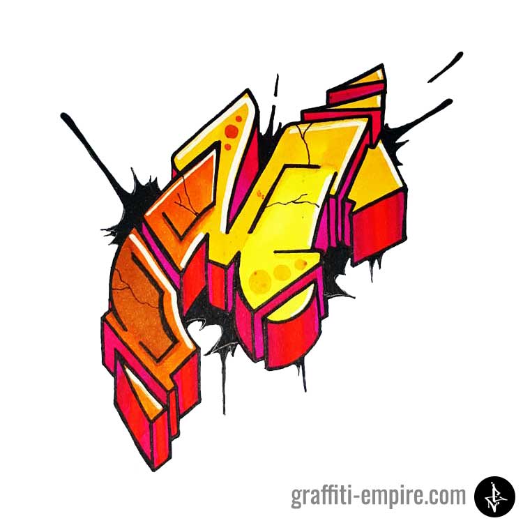 Colored semi-wildstyle M graffiti letter