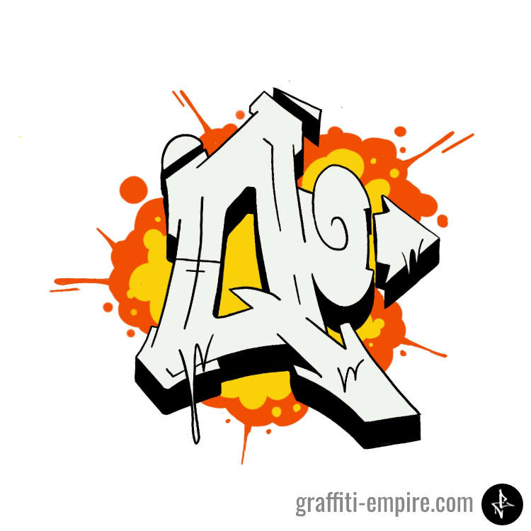 Wildstyle Q Graffiti Letter Grafik mit Explosion als Hintergrund