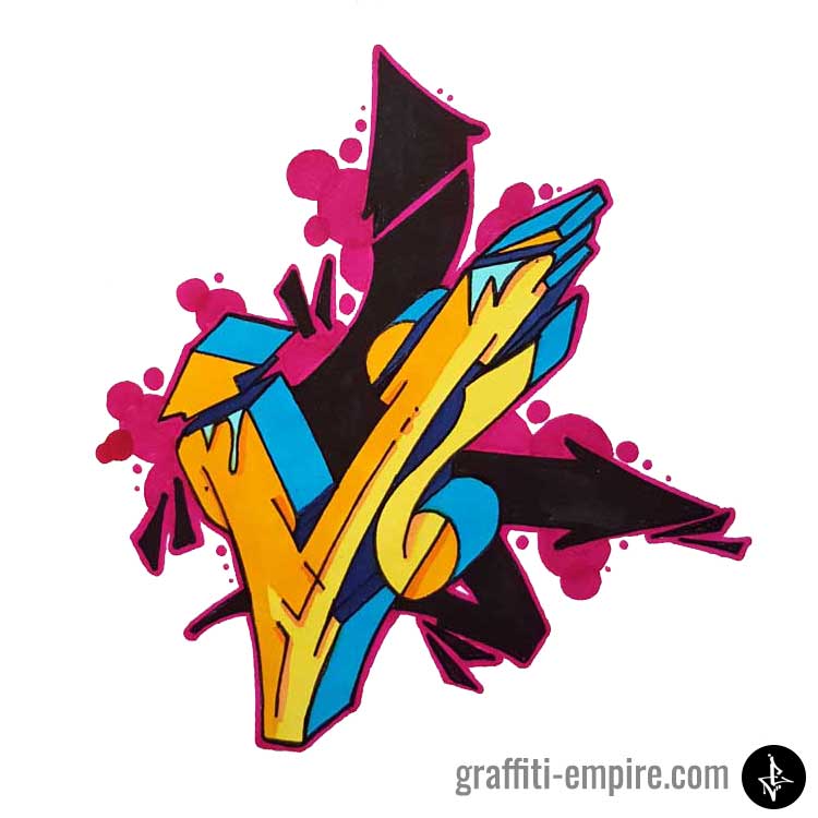 Colored V Wildstyle Graffiti Letter with arrow background