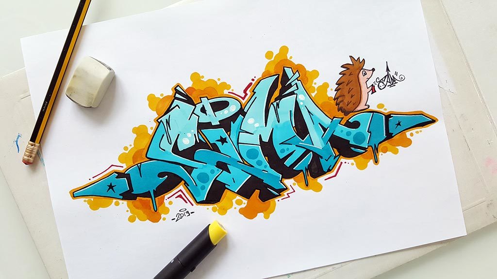 Sima graffiti sketch with hedgehog character