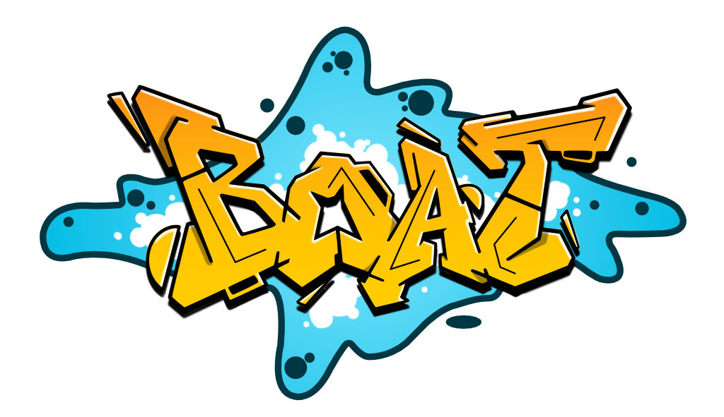 Orangefarbene digitale Graffiti-Skizze des Wortes Boot mit schwarzen 3D-Blöcken und einem blauen Splash als Hintergrund