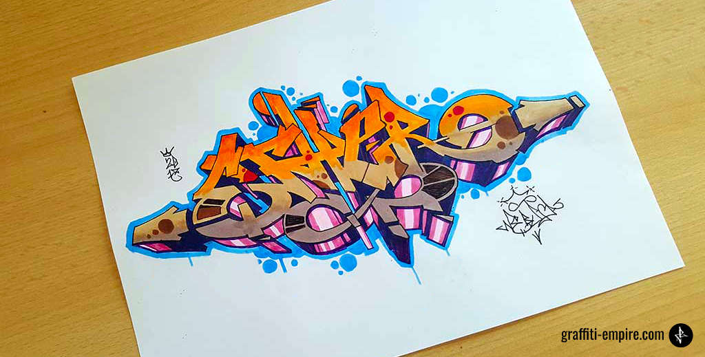 Finished graffiti sketch with highlights and tags