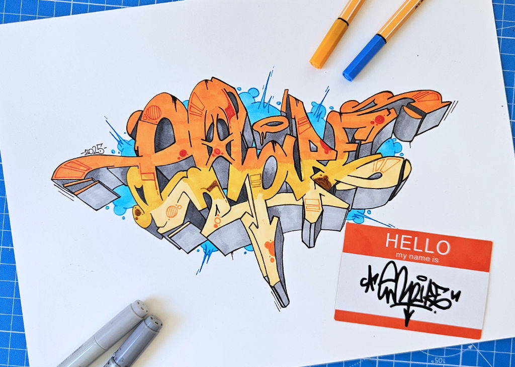 Photo of a finished "Empire" graffiti sketch with yellow to orange gradient as fillin, gray 3d blocks and blue background bubbles and an eggdrop sticker with the tag