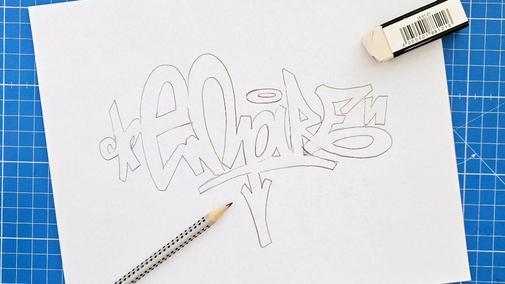 Photo of the traced graffiti tag as basic outlines of the graffiti sketch