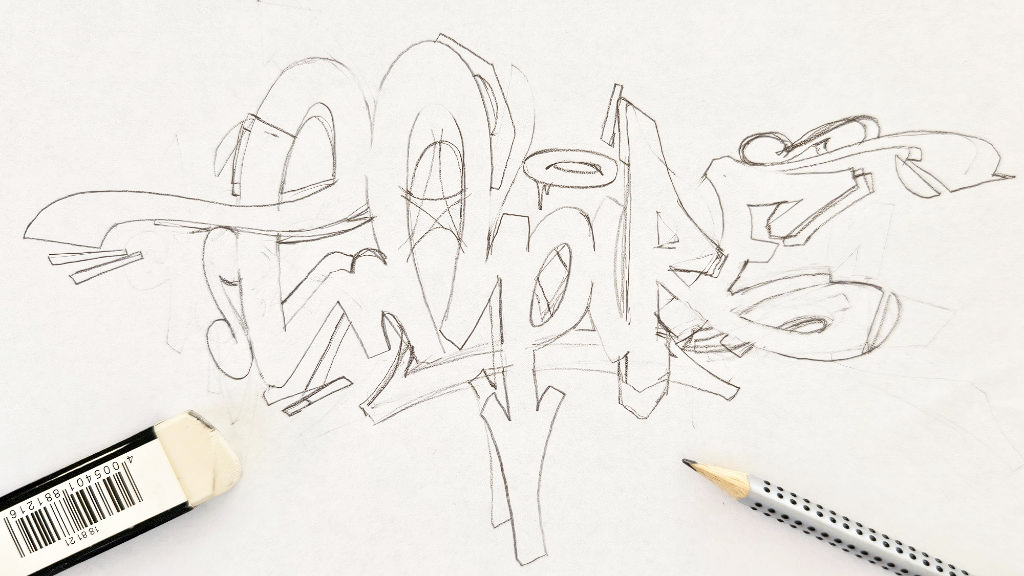 Photo of the sketching process of the "Empire" Graffiti sketch outlines