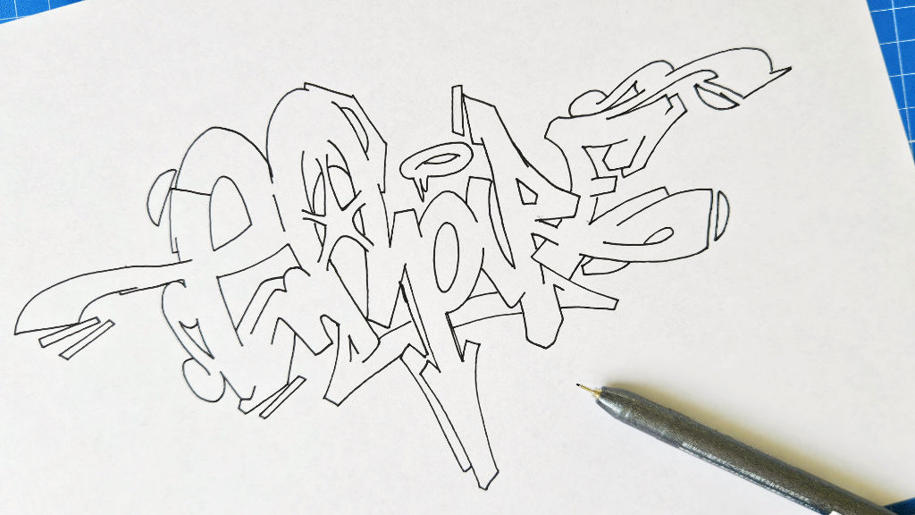 Photo of the outlines of an "Empire" graffiti sketch