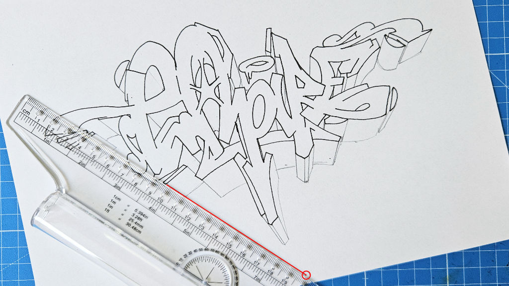 Photo showing the connection of a vanishing point with the edge of a graffiti letter via a ruler
