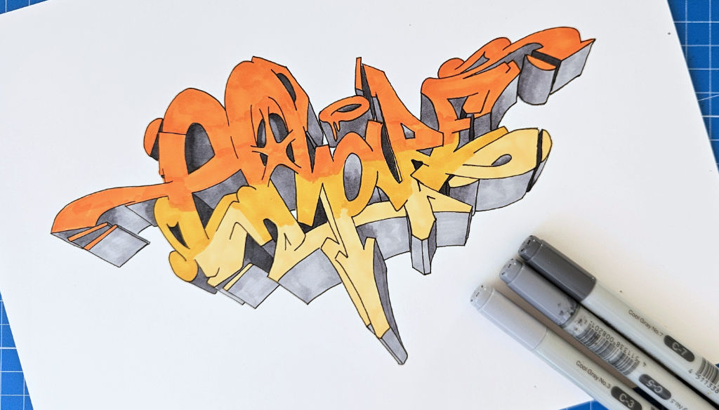 Photo of a colored "Empire" graffiti sketch with gray 3D blocks