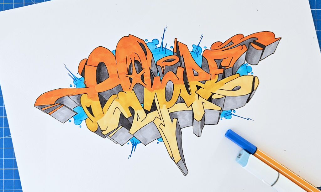 Photo of colored "Empire" graffiti sketch with blue background and gray 3d blocks
