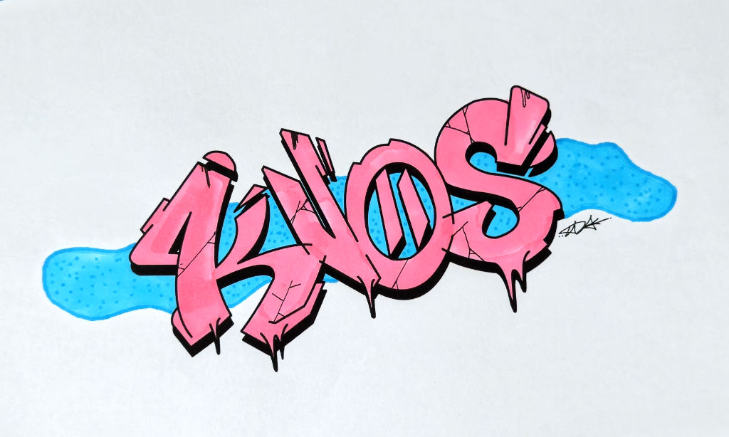 Photo of a Kvos Graffiti Drawing with rosa fill-in and black dropshadow and blue background 