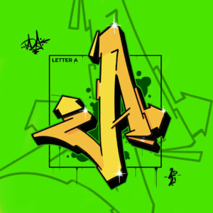 Gelber Graffiti Buchstabe A mit grünem Hintergrund