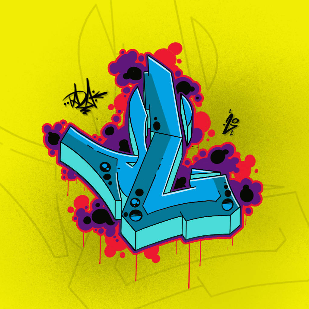 Blau kolorierter Semi-Wildstyle L Graffiti-Buchstabe mit gelben Hintergrund Grafik