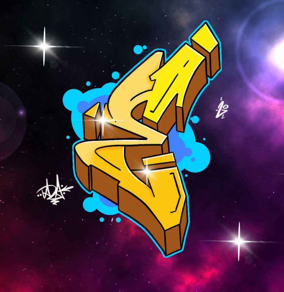 Colored Semi-Wildstyle digital graffiti letter E with bubble background