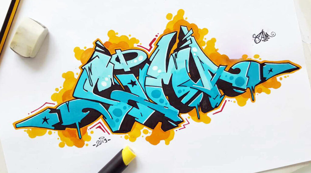 Photo of a blue Semi-wildstyle "Sima" graffiti sketch with orange bubbles as background