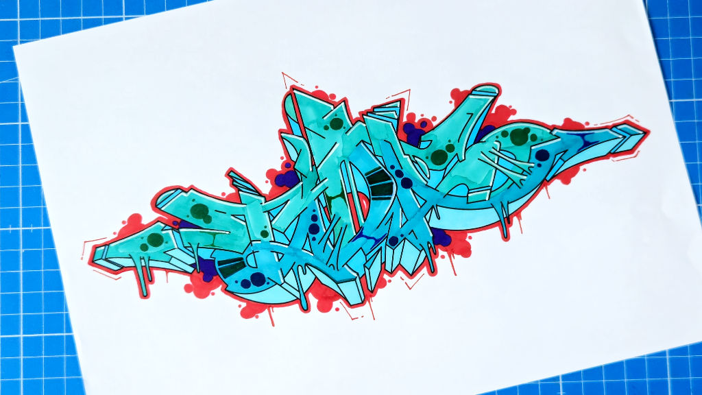 Photo of a Tada Wildstyle Graffiti Drawing with blue fillin and blue 3D blocks and a read keyline and red bubble background