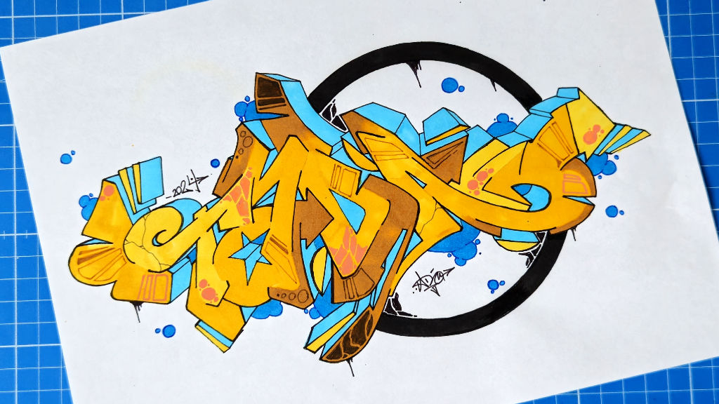 Photo of a Wildstyle Tada Graffiti Drawing with orange and brown fillin, blue 3D blocks and geometric shapes and bubbles as background